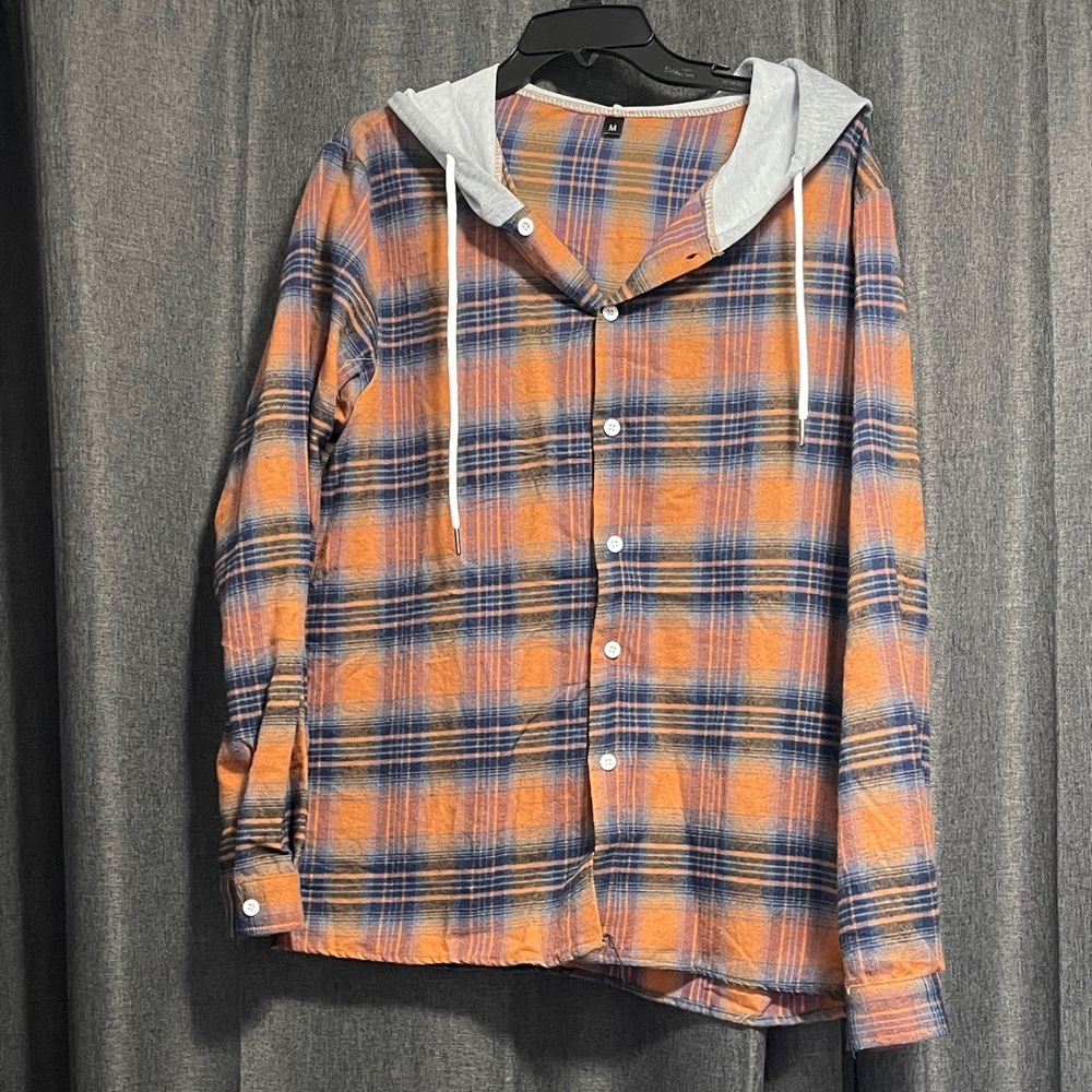 Plaid Hooded Button-Up Shirt - Orange & Navy